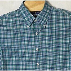 Ralph Lauren Mens Shirt L Blue‎ Green Plaid Long Sleeve Stretch